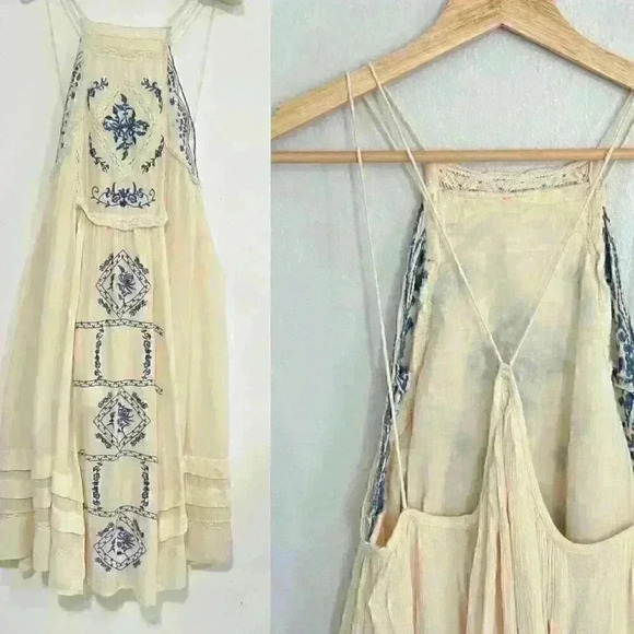 Rare Free People Diamonds in the Sky Dress | Ivory & Blue Embroidered Boho Midi - Picture 8 of 16